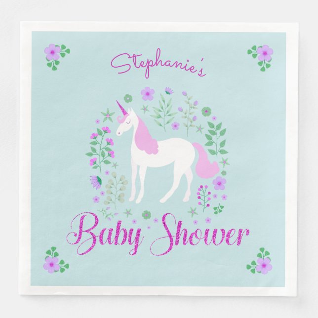 Hübsch Unicorn Pink Aqua Baby Dusche Personalisier Serviette (Vorderseite)