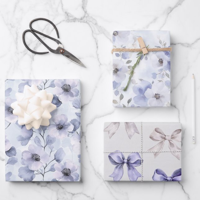 Hübsch-violette Blumen und Bogen Geschenkpapier Set (Vorderseite)