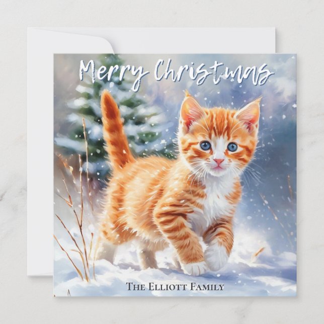 Hübsch Watercolor Ginger Kitten Schnee Weihnachten (Vorderseite)