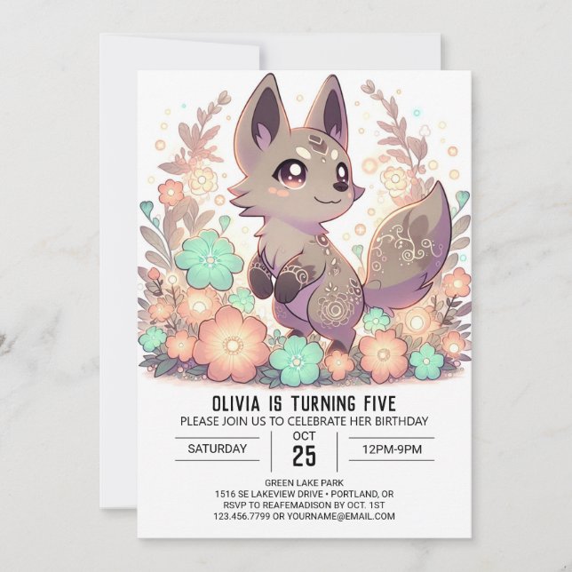 Hübsch Woodland verzauberter Wolf Digital zum Gebu Einladung (Vorderseite)