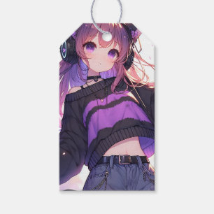 Hübsche Anime Girl auf Kopfhörern Geburtstag Geschenkanhänger