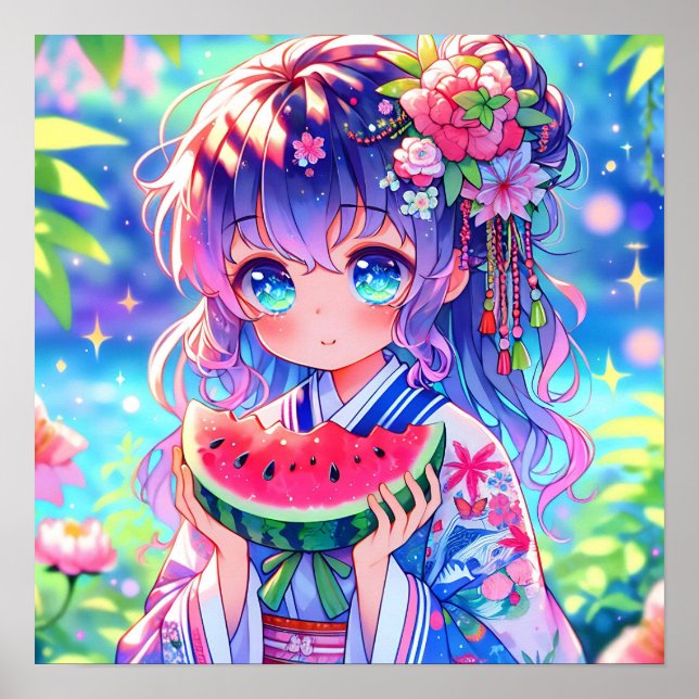 Hübsche Anime Girl Eating Poster (Vorne)