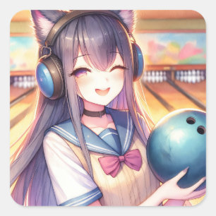 Hübsche Anime Girl im Bowling Geburtstagsparty Quadratischer Aufkleber