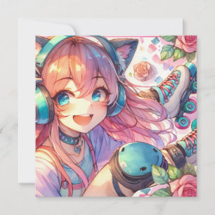 Hübsche Anime Girl in Roller Skate Geburtstagspart Einladung