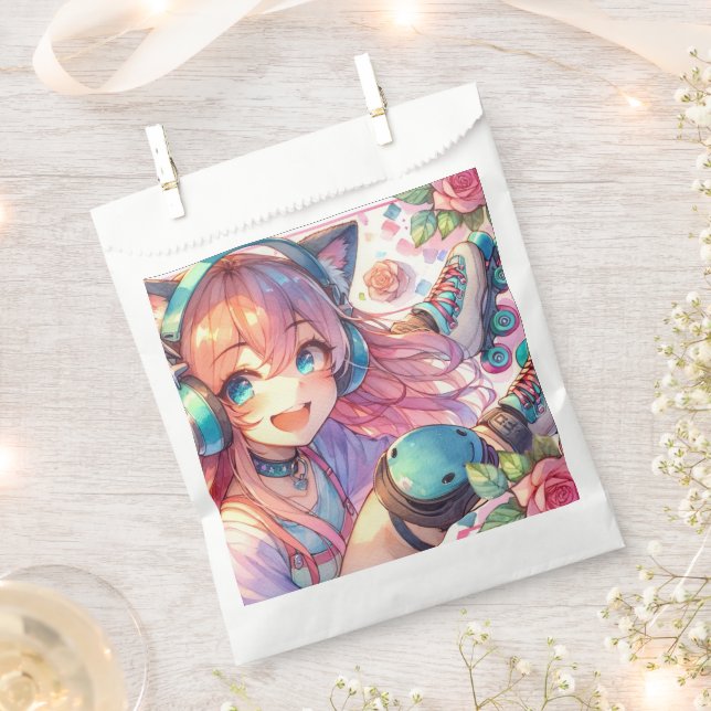 Hübsche Anime Girl in Roller Skaten Birthday Party Geschenktütchen (Ausgeschnitten)