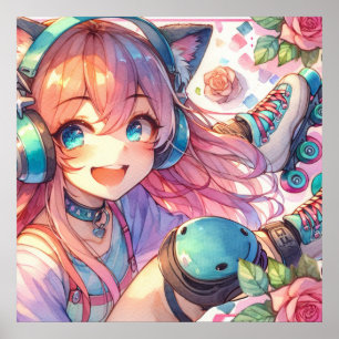 Hübsche Anime Girl in Roller-Skaten Poster