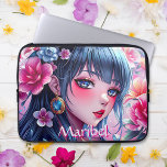 Hübsche Anime Girl mit blauen Augen Personalisiert Laptopschutzhülle<br><div class="desc">Personalisierte Tablettenhülle. Schönes Mädchen mit blauen Augen und blauen Haaren umgeben von rosa und blauen Blumen. Hübsche florale und animierte digitale ai Art.</div>