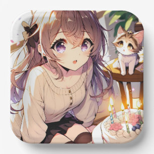 Hübsche Anime Girl mit Kitten und Geburtstagskuche Pappteller