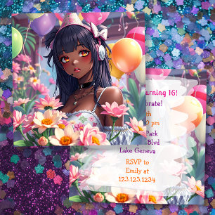 Hübsche Anime Girl of Color Personalisiert Geburts Einladung