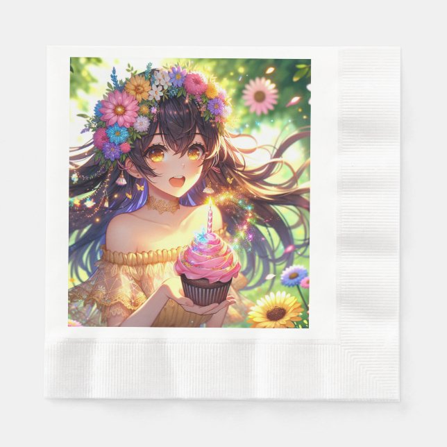 Hübsche Anime Girl's Birthday Cupcake Serviette (Vorderseite)