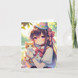 Hübsche Anime Holding Kitten Girl's Birthday Einladung