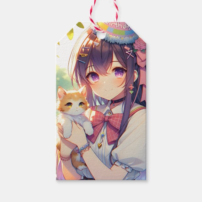 Hübsche Anime Holding Kitten Girl's Birthday Geschenkanhänger (Vorderseite)