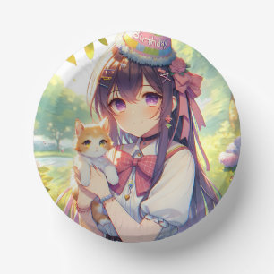 Hübsche Anime Holding Kitten Girl's Birthday Pappteller