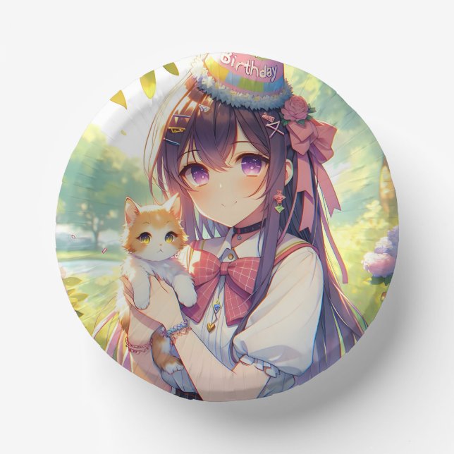 Hübsche Anime Holding Kitten Girl's Birthday Pappteller (Vorderseite)