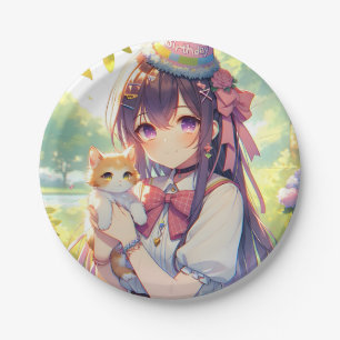Hübsche Anime Holding Kitten Girl's Birthday Pappteller