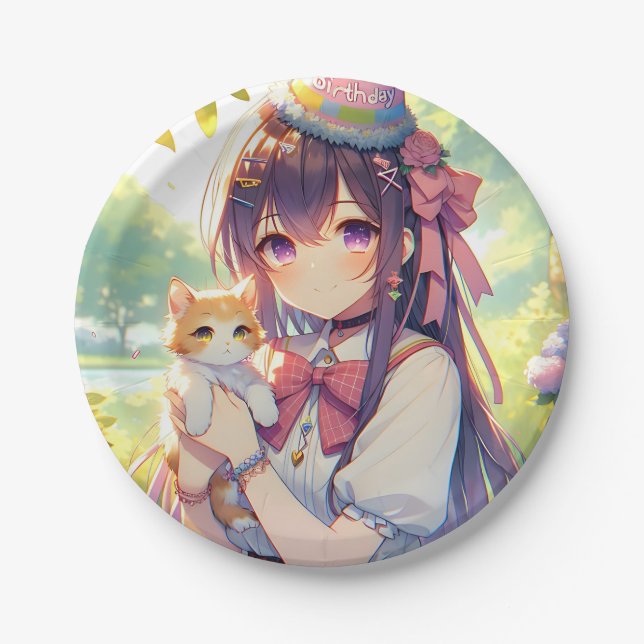 Hübsche Anime Holding Kitten Girl's Birthday Pappteller (Vorderseite)