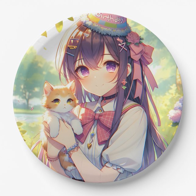 Hübsche Anime Holding Kitten Girl's Birthday Pappteller (Vorderseite)