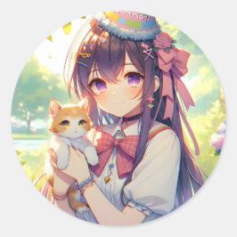 Hübsche Anime Holding Kitten Girl's Birthday Runder Aufkleber