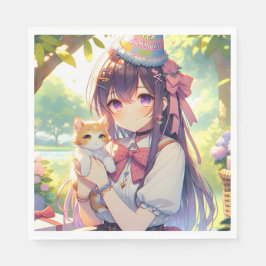 Hübsche Anime Holding Kitten Girl's Birthday Serviette