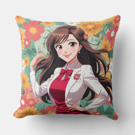 Hübsche Anime-Lady mit floralen Hintergrund Kissen