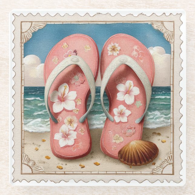 HÜBSCHE ANTIK GEKÜRZTE SOMMERFLIPFLOPS GLASUNTERSETZER (Vorderseite)