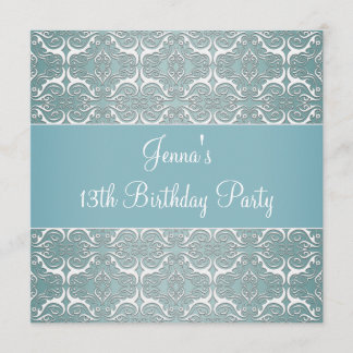 Hübsche Aquamarine Blue Damask 13. Geburtstagspart Einladung