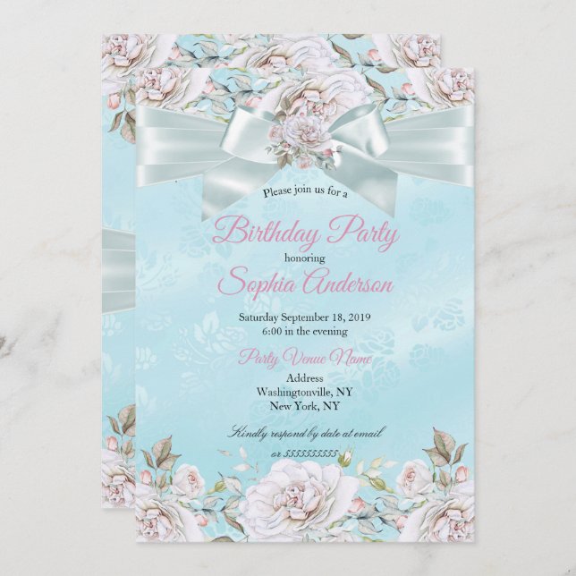 Hübsche Aquamarine Blue Floral Rose Rosa Geburtsta Einladung (Vorne/Hinten)
