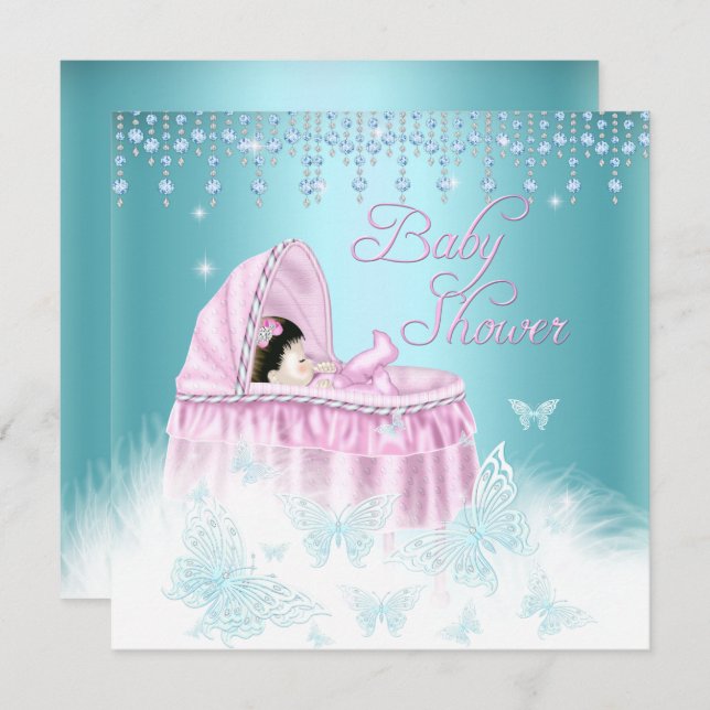 Hübsche Aquamarine Pink-Schmetterling-Kinderdusche Einladung (Vorne/Hinten)