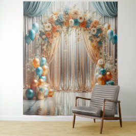 Hübsche Aquamarine und Orange Floral Balloon Arch Wandteppich