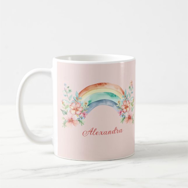 Hübsche Aquarell-Blume und Regenbogen Kaffeetasse (Links)