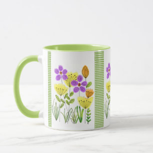 Hübsche Aquarell-Wildblumen mit Green Gingham Tasse