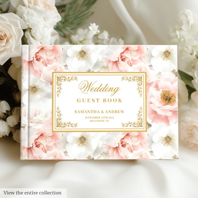 Hübsche Aquarellblende Rosa Blume Goldhochzeit Gästebuch (Pretty watercolor light pink flowers gold wedding Guest Book)