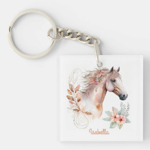 Hübsche Aquarellblume Boho Horse Schlüsselanhänger