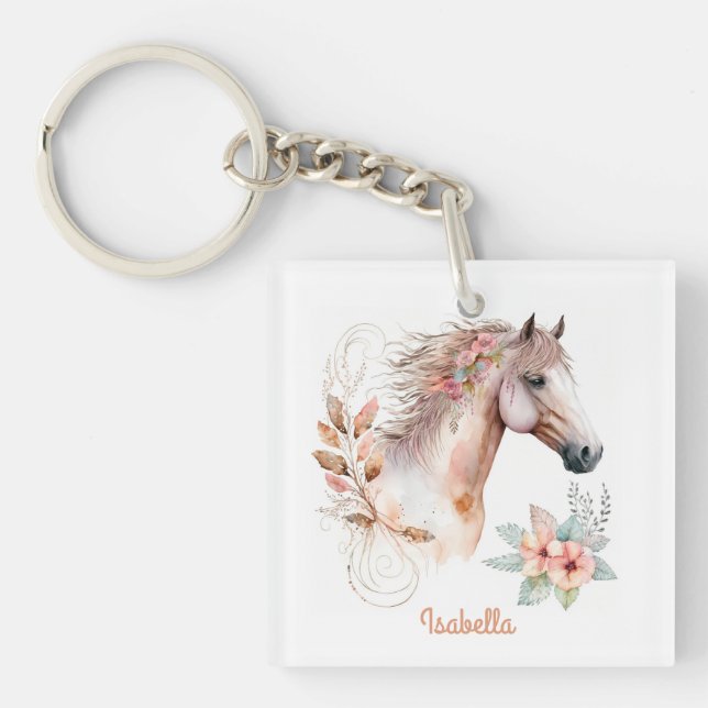 Hübsche Aquarellblume Boho Horse Schlüsselanhänger (Vorderseite)