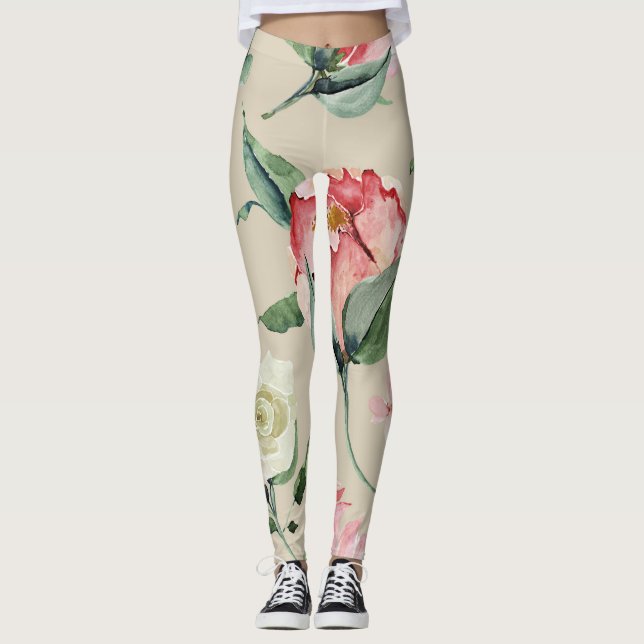 Hübsche Aquarellfarbe Blumencreme Leggings (Vorderseite)