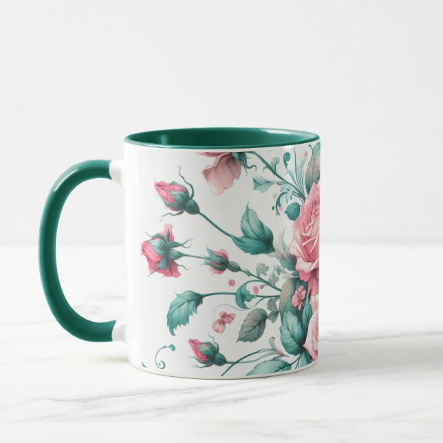 Hübsche Aquarellfarbe Rosa und grüne Rose Tasse (Links)