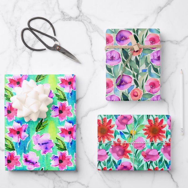 Hübsche Aquarellfarben Blume Geburtstag Geschenkpapier Set (Vorderseite)