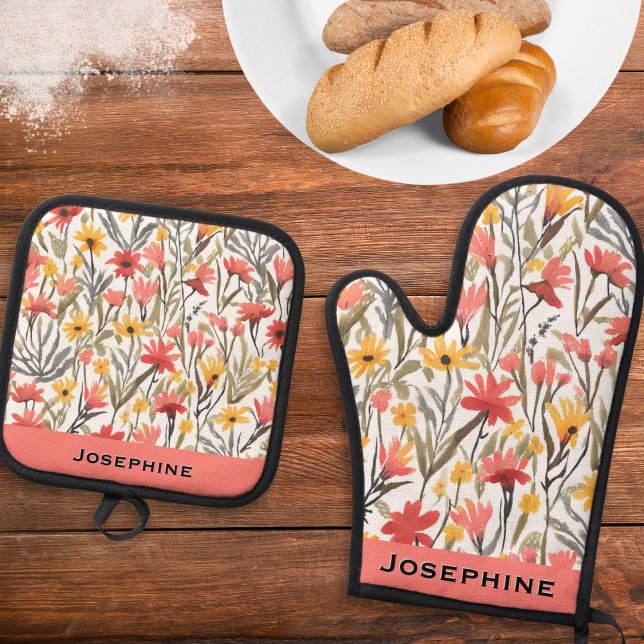 Hübsche Aquarellfarben Blume Rot-Gelb-Blumengestal Ofenhandschuh & Topflappen-Set (A pretty floral oven mitt with matching pot holder, to personalize with a name)