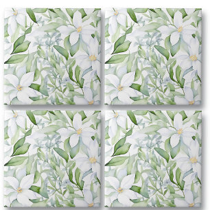 Hübsche Aquarellfarben Weiße Blume zeigen grünes B Fliese