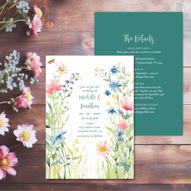 Hübsche Aquarellfarben-Wildblumen Einladung (Pretty Watercolor Wildflowers All in One Wedding Invitation)