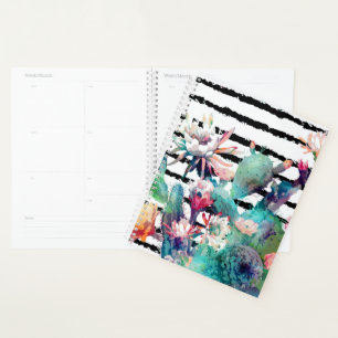 Hübsche Aquarellkaktus, Blumenmuster und Streifen Planer