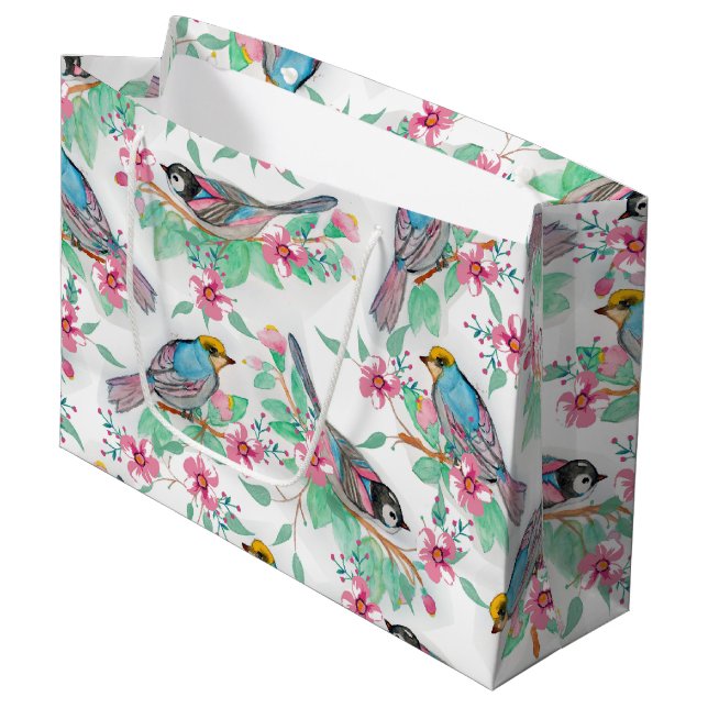 Hübsche Aquarellvögel geben Blumenfarbe Große Geschenktüte (Vorderseite Schrägansicht)