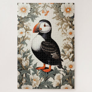 Hübsche Atlantischer Papageientaucher Weiße Blumen Puzzle