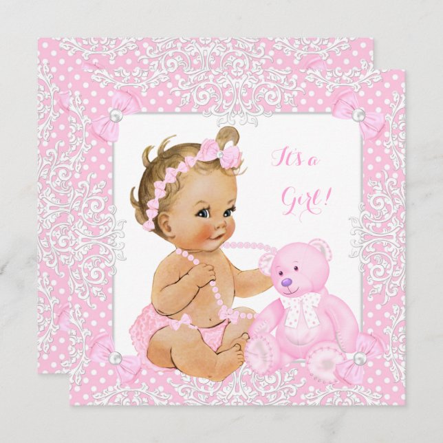 Hübsche Baby Dusche Girl Lace Pink Bear Blonde Bab Einladung (Vorne/Hinten)