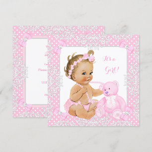 Hübsche Baby Dusche Girl Lace Pink Bear Blonde Bab Einladung