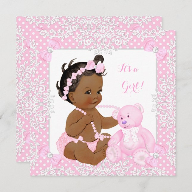 Hübsche Baby Dusche Girl Lace Pink Bear Ethnic Einladung (Vorne/Hinten)