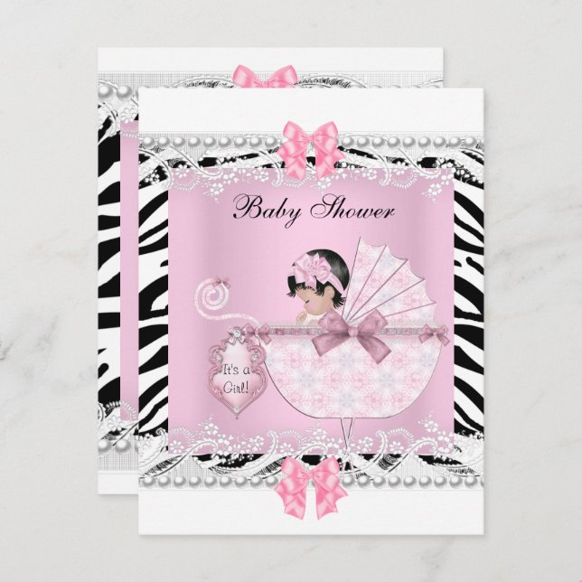 Hübsche Babydusche Zebra Baby Girl Pink Lace Einladung (Vorne/Hinten)