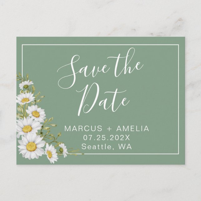 Hübsche Basil Green & White Daisies Ankündigungspostkarte (Vorderseite)