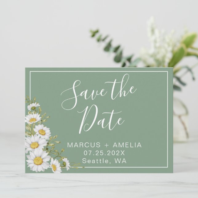 Hübsche Basil Green & White Daisies Save the Date (Stehend Vorderseite)