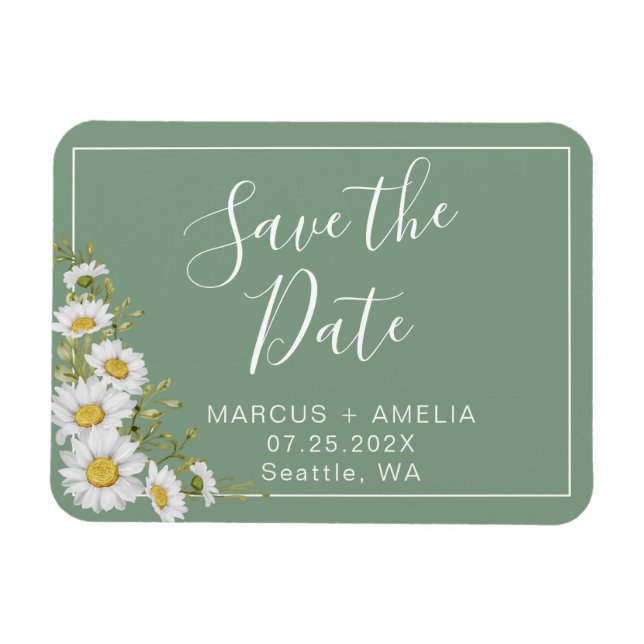 Hübsche Basil Green & White Daisies Save the Date Magnet (Horizontal)